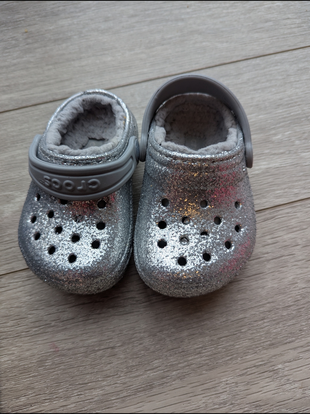 CROCS Kids' Silver Glitter Fleece-Lined Clogs